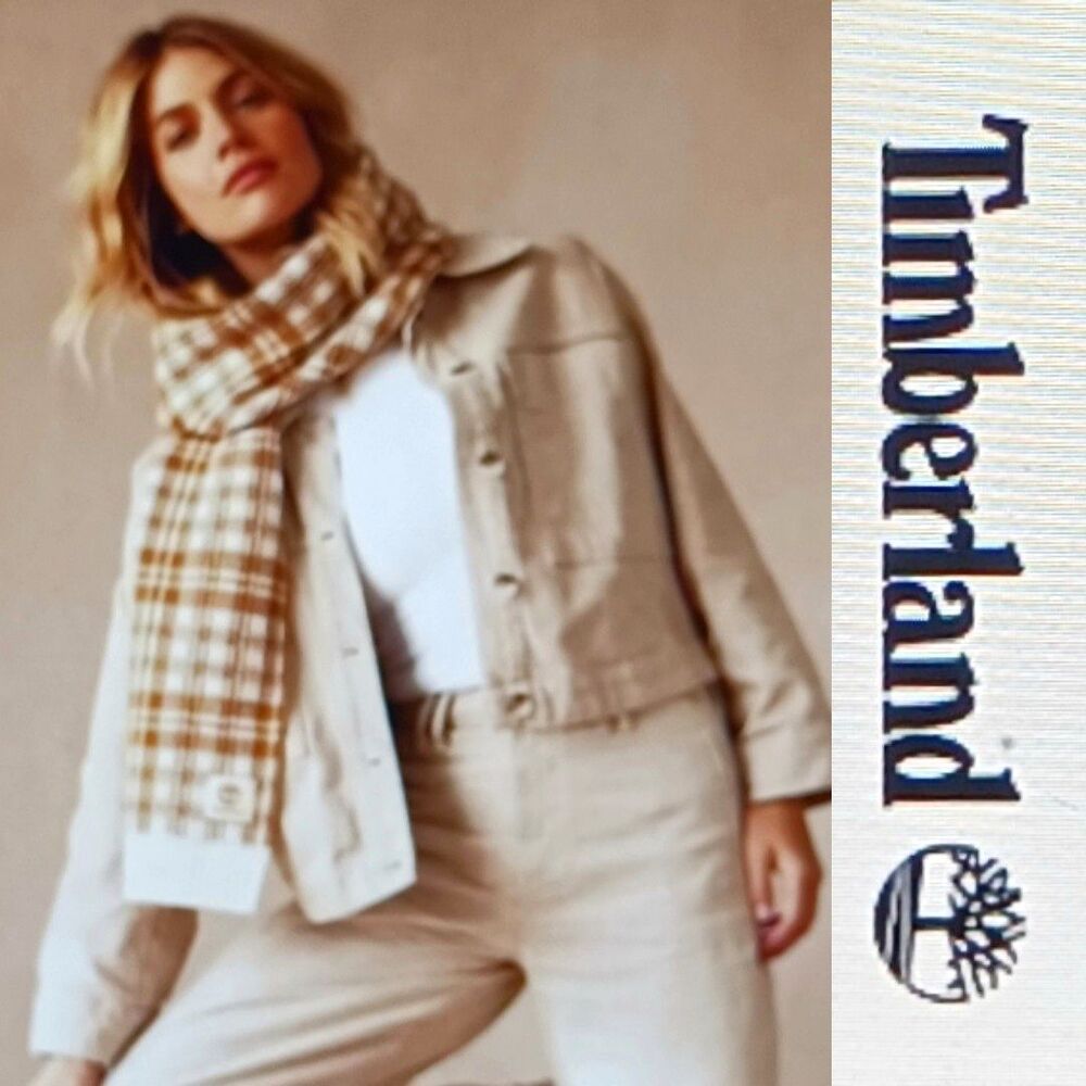 NWT $60 Timberland Scarf Wheat/Ivory Plaid Knit 10X64